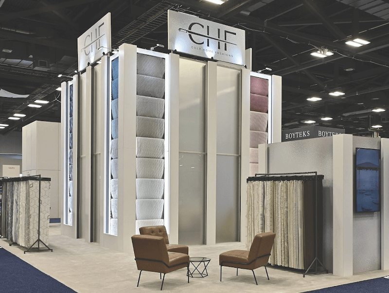 At ISPA EXPO 2024, Culp Home Fashions
used a tower to display the entire color range of polyethylene yarns in its Frost and Frosted Heather collections.