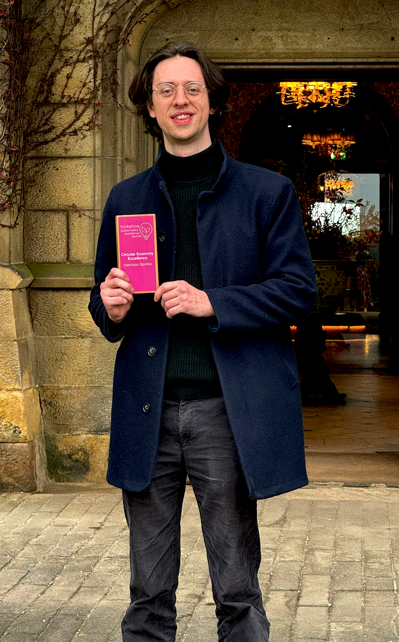 Sustainable Strategies in Manufacturing. Ethan McGuigan poses with the Yorkshire Sustainability Excellence Award for Circular Economy Excellence he received in April.