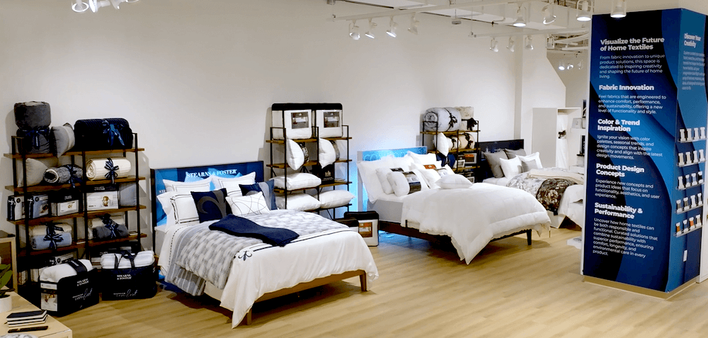 At the Las Vegas Market in January, the showroom featured creative vignettes exploring  the future (left) and past of bedding textile design.