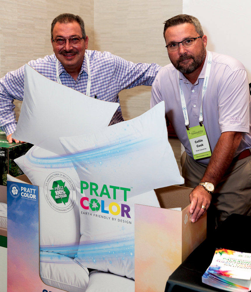 Mattress Circular Economy: ISPA Sustainability Conference. From left, Pete Patti and Collin Cook
showcase products from Pratt Industries, a recycled packaging manufacturer. 