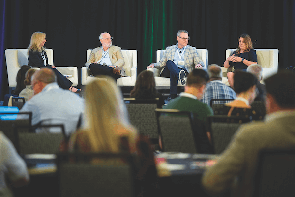 Lisa Donaldson of Covestro, far left, moderates a panel discussion “How to Communicate Your Sustainability Story to Retailers and Mattress Shoppers.” The panel included, from left to right, Barrie Brown, Retail Strategies LLC; Don Pflug, King Koil; and Rhiannon Burch Hallam, BekaertDeslee USA.