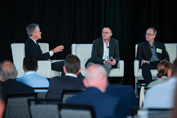 2023 ISPA Sustainability Conference. ISPA President Ryan Trainer, left, talks with Stefaan Cognie, center, co-founder of TripleR, and Ryan McMullan, right, principal consultant for Lean Green Way, who led a presentation, “Making Product Circularity and Traceability a Reality.”